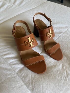 Tory Burch Brown Leather Slingback Block Heel Sandals with Gold Logo